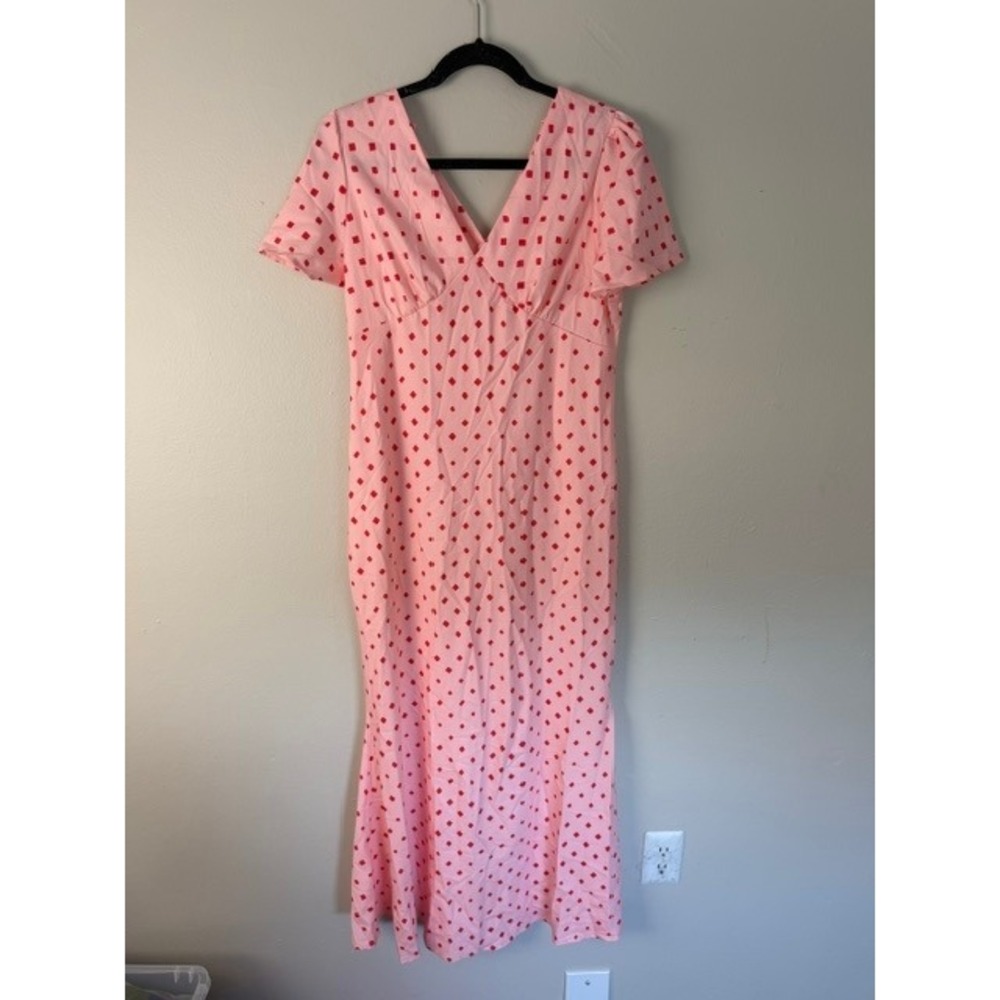 Pink Red Geometric Diamond Print V-Neck Maxi Dress Short Sleeve Tie Back Large
